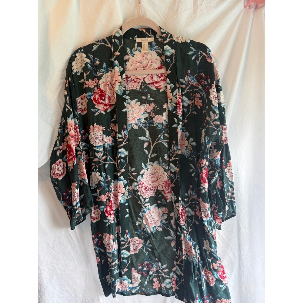 Forever 21 Floral Kimono Cardigan Dark Green Pink Rose Print Open Front Medium